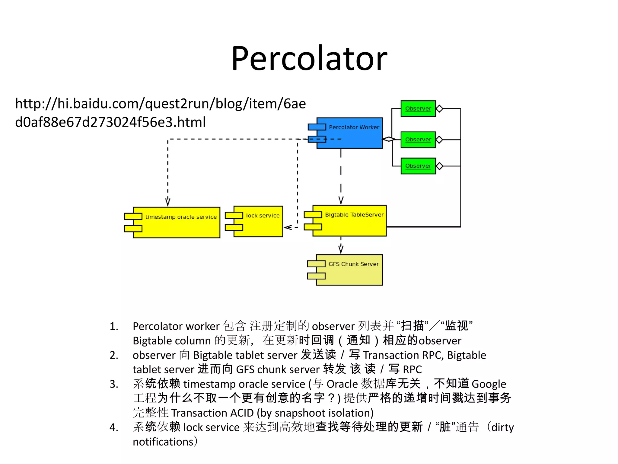 Percolator
http://hi.baidu.com/quest2run/blog/item/6ae
d0af88e67d273024f56e3.html




             1.   Percolator worker 包含 注册定制的 observer 列表并 “扫描”／“监视”
                  Bigtable column 的更新，在更新时回调（通知）相应的observer
             2.   observer 向 Bigtable tablet server 发送读／写 Transaction RPC, Bigtable
                  tablet server 进而向 GFS chunk server 转发 该 读／写 RPC
             3.   系统依赖 timestamp oracle service (与 Oracle 数据库无关，不知道 Google
                  工程为什么不取一个更有创意的名字？) 提供严格的递增时间戮达到事务
                  完整性 Transaction ACID (by snapshoot isolation)
             4.   系统依赖 lock service 来达到高效地查找等待处理的更新／“脏”通告（dirty
                  notifications）
 