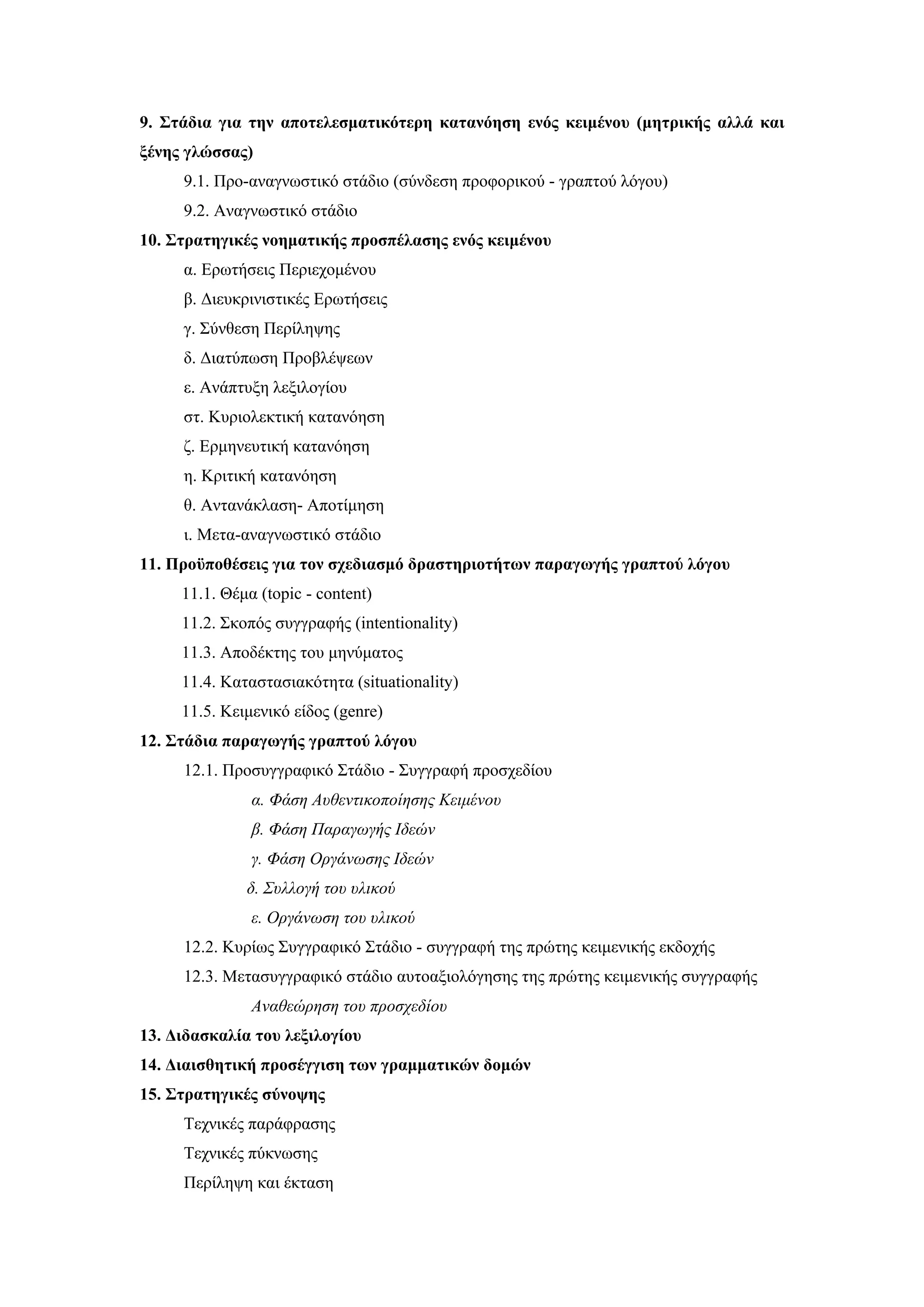 9. Στάδια για την αποτελεσματικότερη κατανόηση ενός κειμένου (μητρικής αλλά και
ξένης γλώσσας)
     9.1. Προ-αναγνωστικό στάδιο (σύνδεση προφορικού - γραπτού λόγου)
     9.2. Αναγνωστικό στάδιο
10. Στρατηγικές νοηματικής προσπέλασης ενός κειμένου
     α. Ερωτήσεις Περιεχομένου
     β. Διευκρινιστικές Ερωτήσεις
     γ. Σύνθεση Περίληψης
     δ. Διατύπωση Προβλέψεων
     ε. Ανάπτυξη λεξιλογίου
     στ. Κυριολεκτική κατανόηση
     ζ. Ερμηνευτική κατανόηση
     η. Κριτική κατανόηση
     θ. Αντανάκλαση- Αποτίμηση
     ι. Μετα-αναγνωστικό στάδιο
11. Προϋποθέσεις για τον σχεδιασμό δραστηριοτήτων παραγωγής γραπτού λόγου
     11.1. Θέμα (topic - content)
     11.2. Σκοπός συγγραφής (intentionality)
     11.3. Αποδέκτης του μηνύματος
     11.4. Καταστασιακότητα (situationality)
     11.5. Κειμενικό είδος (genre)
12. Στάδια παραγωγής γραπτού λόγου
     12.1. Προσυγγραφικό Στάδιο - Συγγραφή προσχεδίου
               α. Φάση Αυθεντικοποίησης Κειμένου
               β. Φάση Παραγωγής Ιδεών
               γ. Φάση Οργάνωσης Ιδεών
              δ. Συλλογή του υλικού
               ε. Οργάνωση του υλικού
     12.2. Κυρίως Συγγραφικό Στάδιο - συγγραφή της πρώτης κειμενικής εκδοχής
     12.3. Μετασυγγραφικό στάδιο αυτοαξιολόγησης της πρώτης κειμενικής συγγραφής
               Αναθεώρηση του προσχεδίου
13. Διδασκαλία του λεξιλογίου
14. Διαισθητική προσέγγιση των γραμματικών δομών
15. Στρατηγικές σύνοψης
     Τεχνικές παράφρασης
     Τεχνικές πύκνωσης
     Περίληψη και έκταση
 