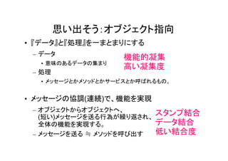思い出そう：オブジェクト指向
• 『データ』と『処理』を一まとまりにする
 – データ
                   機能的凝集
  • 意味のあるデータの集まり
                   高い凝集度
 – 処理
  • メッセージとかメソッドとかサービスとか呼ばれるもの。


• メッセージの協調(連続)で、機能を実現
 – オブジェクトからオブジェクトへ、
   (短い)メッセージを送る行為が繰り返され、
                           スタンプ結合
   全体の機能を実現する。             データ結合
 – メッセージを送る ≒ メソッドを呼び出す    低い結合度
 