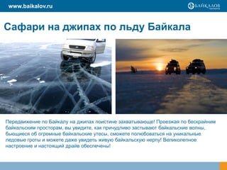 www.baikalov.ru


Сафари на джипах по льду Байкала




Передвижение по Байкалу на джипах поистине захватывающе! Проезжая по бескрайним
байкальским просторам, вы увидите, как причудливо застывают байкальские волны,
бьющиеся об огромные байкальские утесы, сможете полюбоваться на уникальные
ледовые гроты и можете даже увидеть живую байкальскую нерпу! Великолепное
настроение и настоящий драйв обеспечены!
 