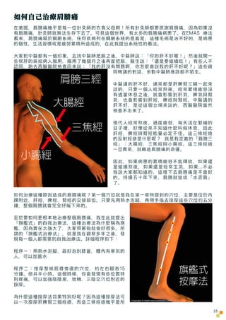 如何自己治療肩膀痛
在美國，肩膀痛幾乎是每一位針灸師的衣食父母啊！所有針灸師都要感謝肩膀痛，因為如果沒
有肩膀痛，針灸師就無法生存下去了。可見這個世界，有太多的肩膀痛病患了。在EMAS 療法
看來，肩膀痛屬於臟腑系統，任何疾病列在臟腑系統的意義...