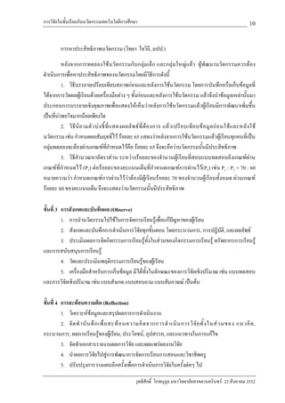 การวิจัยในชั้นเรียนกับนวัตกรรมเทคโนโลยีการศึกษา                                                                            10

          การหาประสิทธิภาพนวัตกรรม (วิทยา ใจวิถี, มปป.)

          หลังจากการทดลองใชนวัตกรรมกับกลุมเล็ก และกลุมใหญแลว ผูพัฒนานวัตกรรมควรตอง
ดําเนินการเพื่อหาประสิทธิภาพของนวัตกรรมโดยมีวิธการดังนี้             ี
          1. วิธีบรรยายเปรียบเทียบสภาพกอนและหลังการใชนวัตกรรม โดยการบันทึกหรือเก็บขอมูลที่
ไดจากการวัดผลผูเรียนดวยเครื่องมือตาง ๆ ทั้งกอนและหลังการใชนวัตกรรม แลวจึงนําขอมูลเหลานั้นมา
ประกอบการบรรยายเชิงคุณภาพเพื่อแสดงใหเห็นวาหลังการใชนวัตกรรมแลวผูเรียนมีการพัฒนาเพิ่มขึ้น
เปนที่นาพอใจมากนอยเพียงใด
          2. วิ ธี นิ ย ามตั ว บ ง ชี้ ที่ แ สดงผลลั พ ธ ที่ ต อ งการ แล ว เปรี ย บเที ย บข อ มู ล ก อ นใช แ ละหลั ง ใช
นวัตกรรม เชน กําหนดผลสัมฤทธิ์ไว รอยละ 65 แสดงวาหลังจากการใชนวัตกรรมแลวผูเรียนทุกคนที่เปน
กลุมทดลองจะตองผานเกณฑที่กําหนดไวคือ รอยละ 65 จึงจะถือวานวัตกรรมนั้นมีประสิทธิภาพ
          3. วิธีคํานวณหาอัตราสวน ระหวางรอยละของจํานวนผูเรียนที่สอบแบบทดสอบอิงเกณฑผาน
เกณฑที่กําหนดไว (P1) ตอรอยละของคะแนนเต็มที่กําหนดเกณฑการผานไว(P2) เชน P1 : P2 = 70 : 60
หมายความวา กําหนดเกณฑการผานไววาตองมีผูเรียนรอยละ 70 ของจํานวนผูเรียนทั้งหมด ผานเกณฑ
รอยละ 60 ของคะแนนเต็ม จึงจะแสดงวานวัตกรรมนั้นมีประสิทธิภาพ

ขั้นที่ 3 การสังเกตและบันทึกผล (Observe)
          1. การนํานวัตกรรมไปใชในการจัดการเรียนรูเพื่อแกปญหาของผูเรียน
          2. สังเกตและบันทึกการดําเนินการวิจัยทุกขั้นตอน โดยกระบวนการ, การปฏิบัติ, และผลลัพธ
          3. ประเมินผลการจัดกิจกรรมการเรียนรูทั้งในสวนของกิจกรรมการเรียนรู ทรัพยากรการเรียนรู
และการสนับสนุนการเรียนรู
          4. วัดและประเมินพฤติกรรมการเรียนรูของผูเรียน
          5. เครื่องมือสําหรับการเก็บขอมูล มีไดทั้งในลักษณะของการวิจัยเชิงปริมาณ เชน แบบทดสอบ
และการวิจยเชิงปริมาณ เชน แบบสังเกต แบบสอบถาม แบบสัมภาษณ เปนตน
            ั

ขั้นที่ 4 การสะทอนความคิด (Reflection)
          1. วิเคราะหขอมูลและสรุปผลการการดําเนินงาน
          2. จั ด ทํ า บั น ทึ ก เพื่ อ สะท อ นความคิ ด จากการดํ า เนิ น การวิ จั ย ทั้ ง ในส ว นของ แนวคิ ด ,
กระบวนการ, ผลการเรียนรูของผูเรียน, ประโยชน, อุปสรรค, และแนวทางในการแกไข
          3. จัดทําเอกสารรายงานผลการวิจัย และเผยแพรผลงานวิจัย
          4. นําผลการวิจัยไปสูการพัฒนาการจัดการเรียนการสอนและวิชาชีพครู
          5. ปรับปรุงการวางแผนอีกครั้งเพื่อการดําเนินการวิจัยในครั้งตอๆ ไป

                                                       วุทธิศักดิ์ โภชนุกูล มหาวิทยาลัยสงขลานครินทร: 22 สิงหาคม 2552
 