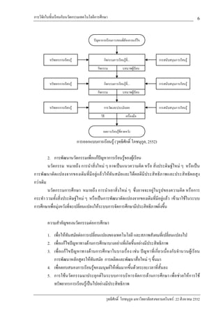 การวิจัยในชั้นเรียนกับนวัตกรรมเทคโนโลยีการศึกษา                                                          6




                           การออกแบบการเรียนรู (วุทธิศักดิ์ โภชนุกูล, 2552)

         2. การพัฒนานวัตกรรมเพื่อแกปญหาการเรียนรูของผูเรียน
         นวัตกรรม หมายถึง การนําสิ่งใหม ๆ อาจเปนแนวความคิด หรือ สิ่งประดิษฐใหม ๆ หรือเปน
การพัฒนาดัดแปลงจากของเดิมที่มีอยูแลวใหทันสมัยและไดผลดีมีประสิทธิภาพและประสิทธิผลสูง
กวาเดิม
         นวัตกรรมการศึกษา หมายถึง การนําเอาสิ่งใหม ๆ ซึ่งอาจจะอยูในรูปของความคิด หรือการ
กระทํา รวมทั้งสิ่งประดิษฐใหม ๆ หรือเปนการพัฒนาดัดแปลงจากของเดิมที่มีอยูแลว เขามาใชในระบบ
การศึกษาเพื่อมุงหวังที่จะเปลี่ยนแปลงใหระบบการจัดการศึกษามีประสิทธิภาพยิ่งขึ้น

        ความสําคัญของนวัตกรรมตอการศึกษา

        1. เพื่อใหทันสมัยตอการเปลี่ยนแปลงของเทคโนโลยี และสภาพสังคมที่เปลี่ยนแปลงไป
        2. เพื่อแกไขปญหาทางดานการศึกษาบางอยางที่เกิดขึ้นอยางมีประสิทธิภาพ
        3. เพื่อแกไขปญหาทางดานการศึกษาในบางเรื่อง เชน ปญหาที่เกี่ยวเนื่องกับจํานวนผูเรียน
           การพัฒนาหลักสูตรใหทันสมัย การผลิตและพัฒนาสื่อใหม ๆ ขึ้นมา
        4. เพื่อตอบสนองการเรียนรูของมนุษยใหเพิ่มมากขึ้นดวยระยะเวลาที่สั้นลง
        5. การใชนวัตกรรมมาประยุกตในระบบการบริหารจัดการดานการศึกษา เพื่อชวยใหการใช
           ทรัพยากรการเรียนรูเปนไปอยางมีประสิทธิภาพ

                                             วุทธิศักดิ์ โภชนุกูล มหาวิทยาลัยสงขลานครินทร: 22 สิงหาคม 2552
 
