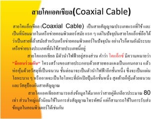 สายโคแอคเชียล(Coaxial Cable)
 สายโคแอ็กเชียล (Coaxial Cable) เป็ นสายสัญญาณประเภทแรกที่ใช้ และ
เป็ นที่นิยมมากในเครื อข่ายคอมพิวเตอร์ สมัย แรก ๆ แต่ในปั จจุบนสายโคแอ็กซ์ถือได้
                                                                 ั
ว่าเป็ นสายที่ลาสมัยสาหรับเครื อข่ายคอมพิวเตอร์ ในปั จจุบน อย่างไรก็ตามยังมีระบบ
                ้                                         ั
เครื อข่ายบางประเภทที่ยงใช้สายประเภทนี้อยู่
                           ั
                                            ่
            สายโคแอกเชียล มีตวนาไฟฟ้ าอยูสองส่ วน คาว่า โคแอ็กซ์ มีความหมายว่า
                               ั
"มีแกนร่ วมกัน " โครงสร้ างของสายประกอบด้วยสายทองแดงเป็ นแกนกลาง แล้ว
ห่ อหุ ้มด้วยวัสดุที่เป็ นฉนวน ชั้นต่อมาจะเป็ นตัวนาไฟฟ้ าอีกชั้นหนึ่ ง ซึ่ งจะเป็ นแผ่น
โลหะบาง ๆ หรื ออาจจะเป็ นใยโลหะที่ถกเปี ยปุ้ มอีกชั้นหนึ่ ง สุ ดท้ายก็หุ้มด้วยฉนวน
                                          ั
และวัสดุป้องกันสายสัญญาณ
            สายโคแอคเชี ยลสามารถส่ งข้อมูลได้มากกว่าสายคู่ตีเกลียวประมาณ 80
เท่า ส่ วนใหญ่แล้วนิ ยมใช้ในการส่ งสัญญาณโทรทัศน์ แต่ก็สามารถใช้ในการรั บส่ ง
ข้อมูลในคอมพิวเตอร์ ได้เช่นกัน
 