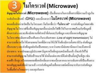 ไมโครเวฟ (Microwave)
สั ญญาณไมโครเวฟ (Microwave) เป็ นสื่ อกลางในการสื่ อสารที่มีความเร็ วสู งใน
ระดับกิกะเฮิรตซ์ (GHz) และเนื่องจากว่าไมโครเวฟ (Microwave)
ของคลื่นมีหน่วยวัดเป็ นไมโครเมตร จึงเรี ยกชื่อว่า “ไมโครเวฟ” การส่ งข้อมูลโดยอาศัย
สัญญาณไมโครเวฟซึ่ งเป็ นสัญญาณคลื่นแม่เหล็กไฟฟ้ าไปในอากาศพร้อมกับข้อมูลที่
ต้องการส่ ง และจะต้องมีสถานที่ทาหน้าที่ส่งและรับข้อมูล และเนื่องจากสัญญาณ
ไมโครเวฟจะเดินทางเป็ นเส้นตรงในระดับสายตา (Line of sight transmission) ไม่
สามารถเลี้ยวหรื อโค้งตามขอบโลกที่มีความโค้งได้ จึงต้องมีการตั้งสถานี รับ-ส่ งข้อมูล
เป็ นระยะๆ และส่ งข้อมูลต่อกันเป็ นทอดๆ ระหว่างสถานีต่อสถานีจนกว่าจะถึงสถานี
ปลายทาง หากลักษณะภูมิประเทศ มีภเู ขาหรื อตึกสู งบดบังคลื่นแล้ว ก็จะทาให้ไม่
                                                                    ่
สามารถส่ งสัญญาณไปยังเป้ าหมายได้ ดังนั้นแต่ละสถานีจึงจาเป็ นตั้งอยูในที่สูง เช่น
ดาดฟ้ า ตึกสูง หรื อยอดดอยเพื่อหลีกเลี่ยงการชนเนื่องจากแนวการเดินทางที่เป็ นเส้นตรง
ของสัญญาณดังที่กล่าวมาแล้ว การส่ งข้อมูลด้วยสื่ อกลางชนิ ดนี้เหมาะกับการส่ งข้อมูล
ในพื้นที่ห่างไกลมากๆ และทุรกันดาร
 