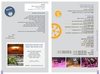 ‫תרבות‬                                                        ‫מחירים לחוגי המחול תשע”ג‬
                                                                 ‫רכזת מחלקת תרבות אורית דסקל‬                                                            ‫(המחיר לחודש והתשלום הוא שנתי)‬
                                                                          ‫כרטיסים ריקי קרייזלר‬                                                                               ‫גיל הרך‬
       ‫תרבות‬                                            ‫‪ tarbut@yoav.org.il‬טל. 5-4270058-80‬                                                                    ‫מוכנות לבלט - 061 ש”ח‬
                                                                                                                             ‫סדנת תנועה יצירתית הורים וילדים 542- ש”ח (עבור 6 מפגשים)‬
                                                                   ‫תחומי פעילות המחלקה‬                 ‫אוחפנת‬
                                                                                                          ‫ל‬                           ‫חדש !! ג'ימבורי מונחה - 542 ש”ח (עבור 6 מפגשים)‬
                                                                                                        ‫מ ול‬
                                                          ‫ניהול אולם התרבות האזורי בכפר מנחם.‬                                                                     ‫כיתות יסוד א’ - ו’‬
                                                  ‫רפרטואר מופעים, הצגות, מוסיקה, מחול וקולנוע.‬                                                                         ‫חוגים לבחירה:‬
                                            ‫תרבות בונה קהילה - חיזוק תרבות ישובית - קהילתית.‬                                                     ‫קלאסי- מודרני/ ג’אז - היפ הופ / סטפס‬
                                                            ‫חוג ידיעת הארץ - טיולים למטיבי לכת.‬                                                                   ‫שיעור אחד: 561 ש”ח‬
                                                                       ‫חוג ריקודי שנות השישים.‬                                        ‫סטפס או קלאסי (לכיתות א’ בלבד בנגבה ושדה יואב)‬
                             ‫הפעלת כלים אומנותיים - תיאטרון קהילתי, חבורת הזמר ומקהלת יואב.‬                                                                     ‫שני שיעורים : 562 ש”ח‬
                                                 ‫הפקה ובחירת אירועים מיוחדים במהלך כל השנה.‬                                           ‫ג’אז - היפ הופ (שעתיים) או קלאסי- מודרני(שעתיים)‬
                                           ‫רכזי ופעילי תרבות - מפגשים וקשר רציף לאורך השנה.‬
                                          ‫הפעלת סל תרבות - פעילויות תרבות לבתי הספר ולגנים.‬                                                                      ‫שלוש שעות: 013 ש”ח‬
                                                                                  ‫פסטיבל התנ"ך.‬                        ‫קלאסי - מודרני (שעתיים) או ג’אז - היפ הופ (שעתיים) + סטפס (שעה)‬
                                                                                ‫עיתון "כאן יואב".‬                                                            ‫ארבעה שיעורים: 583 ש”ח‬
                                                                            ‫חגיגת שבועות אזורי.‬                                        ‫קלאסי-מודרני (שעתיים) + ג’אז - היפ הופ (שעתיים)‬




                                                                                                                                                                                         ‫מתנ”ס יואב שנת פעילות 3102-2102‬
                              ‫פרויקט "חברותא" - הרצאות ומופעים בנושאי יהדות, חברה וישראליות‬                                                                 ‫חמישה שיעורים: 554 ש”ח‬
                                                                                              ‫ועוד..‬                     ‫קלאסי-מודרני (שעתיים) + ג’אז - היפ הופ (שעתיים) + סטפס (שעה)‬
                 ‫בברכה,‬
           ‫אורית דסקל‬                                                                                                                                                   ‫נוער ז’ - י”ב‬
     ‫רכזת תרבות מתנ”ס יואב‬
                                                                                                                                                                       ‫חוגים לבחירה:‬
                                                                                                                                                          ‫ג’אז/ מודרני/היפ הופ/ סטפס‬
                                                                                                                                                               ‫שיעור אחד - 561 ש”ח‬
                                                                                                                                                             ‫שני שיעורים - 562 ש”ח‬
                                                                                                                                                          ‫שלושה שיעורים - 013 ש”ח‬
                                                 ‫מרכז התרבות והאירועים‬                                                                                    ‫ארבעה שיעורים - 583 ש”ח‬
                                                 ‫בבית הבנים בכפר מנחם‬                                                                                              ‫להקות - 014 ש”ח‬

                                                                                                                                                                                ‫נשים‬
                                                      ‫פותח שעריו לפעילויות חדשות‬                         ‫שני שיעורים בשבוע - 071 ש”ח‬    ‫שיעור אחד בשבוע - 031 ש”ח‬        ‫זומבה‬
                                                           ‫כנסים ואירועי חברה‬                            ‫שני שיעורים בשבוע - 012 ש”ח‬    ‫זומבה+ עיצוב שיעור אחד בשבוע - 051 ש”ח‬
                                                         ‫מסיבות ואירועים פרטיים‬                                                         ‫שיעור אחד בשבוע - 031 ש”ח‬   ‫בוגרות עבר‬
                                                       ‫חגיגות בר מצווה / בת מצווה‬
                                                          ‫השכרת חללים לחוגים‬




                                                ‫5270058-80‬      ‫פרטים נוספים במחלקת התרבות‬




‫12‬                                                                                                                                                                                                            ‫02‬
 