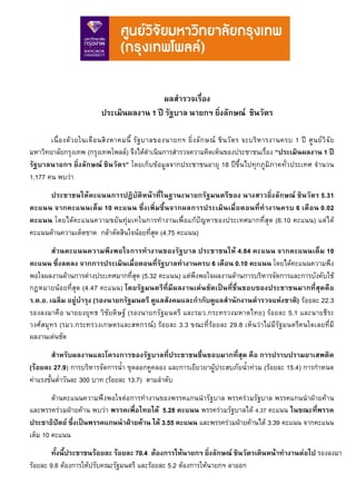 ผลสํารวจเรื่อง
                             ประเมินผลงาน 1 ป รัฐบาล นายกฯ ยิ่งลักษณ ชินวัตร

       เนื่ อ งด ว ยในเดื อ นสิ ง หาคมนี้ รั ฐ บาลของนายกฯ ยิ่ ง ลั ก ษณ ชิ น วั ต ร จะบริ ห ารงานครบ 1 ป ศู น ย วิ จั ย
มหาวิทยาลัยกรุงเทพ (กรุงเทพโพลล) จึงไดดาเนินการสํารวจความคิดเห็นของประชาชนเรื่อง “ประเมินผลงาน 1 ป
                                                  ํ
รัฐบาลนายกฯ ยิ่งลักษณ ชินวัตร” โดยเก็บขอมูลจากประชาชนอายุ 18 ปขึ้นไปทุกภูมิภาคทั่วประเทศ จํานวน
1,177 คน พบวา
      ประชาชนใหคะแนนการปฏิบัติหนาที่ในฐานะนายกรัฐมนตรีของ นางสาวยิ่งลักษณ ชินวัตร 5.31
คะแนน จากคะแนนเต็ม 10 คะแนน ซึ่งเพิ่มขึ้นจากผลการประเมินเมื่อตอนที่ทํางานครบ 6 เดือน 0.02
คะแนน โดยไดคะแนนความขยันทุมเทในการทํางานเพื่อแกปญหาของประเทศมากที่สุด (6.10 คะแนน) แตได
คะแนนดานความเด็ดขาด กลาตัดสินใจนอยที่สุด (4.75 คะแนน)
        สวนคะแนนความพึงพอใจการทํางานของรัฐบาล ประชาชนให 4.84 คะแนน จากคะแนนเต็ม 10
คะแนน ซึ่งลดลง จากการประเมินเมื่อตอนที่รัฐบาลทํางานครบ 6 เดือน 0.10 คะแนน โดยไดคะแนนความพึง
พอใจผลงานดานการตางประเทศมากที่สุด (5.32 คะแนน) แตพึงพอใจผลงานดานการบริหารจัดการและการบังคับใช
กฎหมายนอยที่สุด (4.47 คะแนน) โดยรัฐมนตรีที่มีผลงานเดนชัดเปนที่ชื่นชอบของประชาชนมากที่สุดคือ
ร.ต.อ. เฉลิม อยูบํารุง (รองนายกรัฐมนตรี ดูแลสังคมและกํากับดูแลสํานักงานตํารวจแหงชาติ) รอยละ 22.3
รองลงมาคือ นายยงยุทธ วิชัยดิษฐ (รองนายกรัฐมนตรี และรมว.กระทรวงมหาดไทย) รอยละ 5.1 และนายธีระ
วงศสมุทร (รมว.กระทรวงเกษตรและสหกรณ) รอยละ 3.3 ขณะที่รอยละ 29.8 เห็นวาไมมีรัฐมนตรีคนใดเลยที่มี
ผลงานเดนชัด
         สําหรับผลงานและโครงการของรัฐบาลที่ประชาชนชื่นชอบมากที่สุด คือ การปราบปรามยาเสพติด
(รอยละ 27.9) การบริหารจัดการน้ํา ขุดลอกคูคลอง และการเยียวยาผูประสบภัยน้ําทวม (รอยละ 15.4) การกําหนด
คาแรงขั้นต่ําวันละ 300 บาท (รอยละ 13.7) ตามลําดับ
        ดานคะแนนความพึงพอใจตอการทํางานของพรรคแกนนํารัฐบาล พรรครวมรัฐบาล พรรคแกนนําฝายคาน
และพรรครวมฝายคาน พบวา พรรคเพื่อไทยได 5.28 คะแนน พรรครวมรัฐบาลได 4.37 คะแนน ในขณะที่พรรค
ประชาธิปตย ซึ่งเปนพรรคแกนนําฝายคาน ได 3.55 คะแนน และพรรครวมฝายคานได 3.39 คะแนน จากคะแนน
เต็ม 10 คะแนน
        ทั้งนี้ประชาชนรอยละ รอยละ 70.4 ตองการใหนายกฯ ยิ่งลักษณ ชินวัตรเดินหนาทํางานตอไป รองลงมา
รอยละ 9.8 ตองการใหปรับคณะรัฐมนตรี และรอยละ 5.2 ตองการใหนายกฯ ลาออก
 