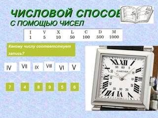 ЧИСЛОВОЙ СПОСОБ -
С ПОМОЩЬЮ ЧИСЕЛ


Какому числу соответствует
запись?




7     4     8   9    5       6
 