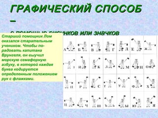 ГРАФИЧЕСКИЙ СПОСОБ
   –
   с помощью рисунков или значков
Старший помощник Лом
оказался старательным
учеником. Чтобы по­
радовать капитана
Врунгеля, он выучил
морскую семафорную
азбуку, в которой каждая
буква кодируется
определенным положением
рук с флажками.
 