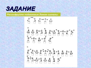 ЗАДАНИЕ
Расшифруйте подаваемые Ломом сигналы:
 