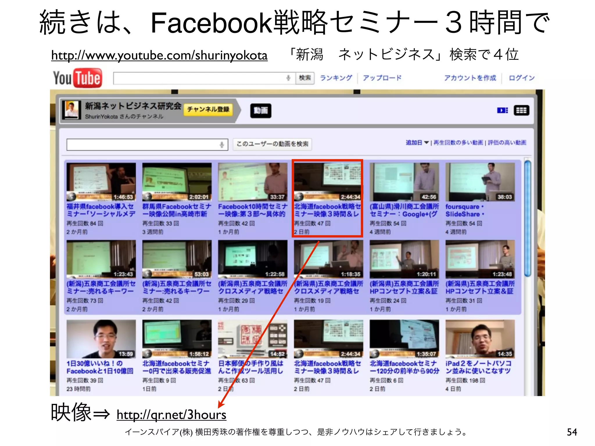 続きは、Facebook戦略セミナー３時間で
http://www.youtube.com/shurinyokota   「新潟 ネットビジネス」検索で４位




映像        http://qr.net/3hours
           イーンスパイア(株) 横田秀珠の著作権を尊重しつつ、是非ノウハウはシェアして行きましょう。   54
 