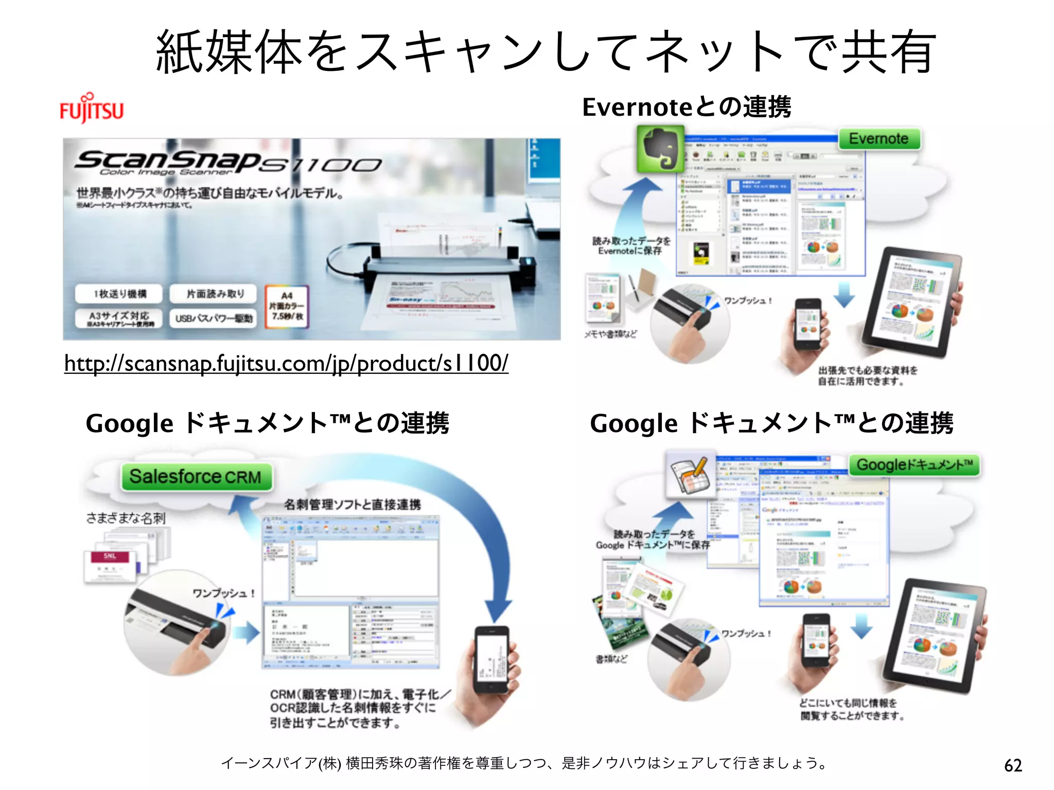 紙媒体をスキャンしてネットで共有
                                                Evernoteとの連携




http://scansnap.fujitsu.com/jp/product/s1100/

  Google ドキュメント™との連携                            Google ドキュメント™との連携




               イーンスパイア(株) 横田秀珠の著作権を尊重しつつ、是非ノウハウはシェアして行きましょう。         62
 