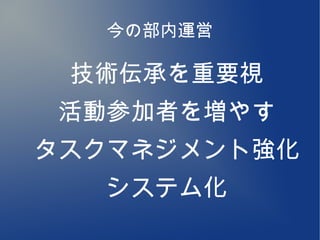 今の部内運営

 技術伝承を重要視
 活動参加者を増やす
タスクマネジメント強化
   システム化
 