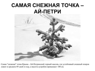 САМАЯ СНЕЖНАЯ ТОЧКА –
                АЙ-ПЕТРИ




Самая "снежная" точка Крыма - Ай-Петринский горный массив, где устойчивый снежный покров
лежит в среднем 89 дней в году, а высота сугробов превышает 100 см.
 