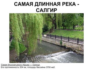 САМАЯ ДЛИННАЯ РЕКА -
                  САЛГИР




Самая длинная река в Крыму — Салгир.
Его протяженность 204 км, площадь бассейна 3750 км2.
 