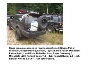 Наша колонна состоит из таких автомобилей: Nissan Patrol
короткий, Nissan Patrol длинный, Toyota Land Cruiser, Mitsubishi
Pajero Sport, Land Rover Defender, Land Rover Discovery 3,
Mitsubishi L200, Renault Duster 1.6 – 4х2, Renault Duster 2.0 – 4х4,
Renault Koleos 2.5 CVT – 4x4 естественно.
 