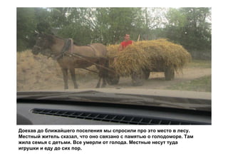 Доехав до ближайшего поселения мы спросили про это место в лесу.
Местный житель сказал, что оно связано с памятью о голодоморе. Там
жила семья с детьми. Все умерли от голода. Местные несут туда
игрушки и еду до сих пор.
 