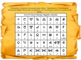 Кирилицата е създадена в края на IX в. Тя включва 24 букви от гръцката
  азбука, към които са добавени и още няколко знака...