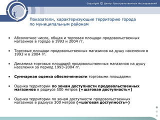 Показатели, характеризующие территорию города
по муниципальным районам
•

Абсолютное число, общая и торговая площади продовольственных
магазинов в городе в 1993 и 2004 гг.

•

Торговые площади продовольственных магазинов на душу населения в
1993 и в 2004 гг.

•

Динамика торговых площадей продовольственных магазинов на душу
населения за период 1993-2004 гг.

•

Суммарная оценка обеспеченности торговыми площадями

•

Оценка территории по зонам доступности продовольственных
магазинов в радиусе 500 метров («шаговая доступность»)

•

Оценка территории по зонам доступности продовольственных
магазинов в радиусе 300 метров («шаговая доступность»)

 
