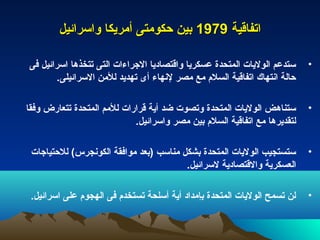 ‫اتفاقية 9791 بين حكومتى أمريكا واسرائيل‬

‫ستدعم الوليات المتحدة عسكريا واقتصاديا الجراءات التى تتخذها اسرائيل فى‬    ‫•‬
        ‫حالة انتهاك اتفاقية السلم مع مصر لنهاء أى تهديد للمن السرائيلى.‬

‫ستناهض الوليات المتحدة وتصوت ضد أية قرارات للمم المتحدة تتعارض وفقا‬       ‫•‬
                            ‫لتقديرها مع اتفاقية السلم بين مصر واسرائيل.‬

 ‫ستستجيب الوليات المتحدة بشكل مناسب )بعد موافقة الكونجرس( للحتياجات‬       ‫•‬
                                        ‫العسكرية والقتصادية لسرائيل.‬

 ‫لن تسمح الوليات المتحدة بإمداد أية أسلحة تستخدم فى الهجوم على اسرائيل.‬   ‫•‬
 