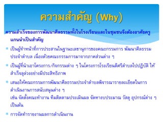ควำมสำคัญ (Why)
                                    ้
ควำมสำเร็จของกำรพัฒนำศีลธรรมทังในโรงเรียนและในชุมชนจึงต้องอำศัยครู
  แกนนำเป็ นสำคัญ
 เป็ นผูทาหน้าที่การประสานในฐานะเลขานุ การของคณะกรรมการ พัฒนาศีลธรรม
         ้
  ประจาตาบล เนื่ องด้วยคณะกรรมการมาจากภาคส่วนต่าง ๆ
 เป็ นผูที่นาเอาโครงการ/กิจกรรมต่าง ๆ ในโครงการโรงเรียนดีศรีตาบลไปปฏิบติ ให้
           ้                                                           ั
  สาเร็จลุล่วงอย่างมีประสิทธิภาพ
 เสนอให้คณะกรรมการพัฒนาศีลธรรมประจาตาบลพิจารณารายละเอียดในการ
  ดาเนิ นงานการสนับสนุ นต่าง ๆ
  เช่น จัดตั้งคณะทางาน ทีมติดตามประเมินผล จัดหางบประมาณ วัสดุ อุปกรณ์ต่าง ๆ
  เป็ นต้น
 การจัดทารายงานผลการดาเนิ นงาน
 