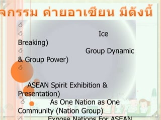 
                      Ice
Breaking)
                  Group Dynamic
& Group Power)


   ASEAN Spirit Exhibition &
Presentation)
         As One Nation as One
Community (Nation Group)
 