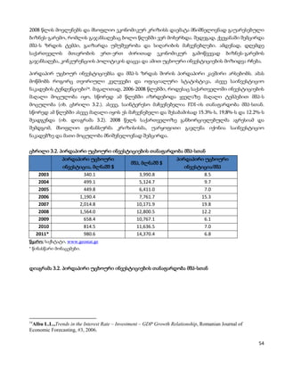 2008 წლის მოვლენებს და მსოფლიო ეკონომიკურ კრიზისს დაემატა მნიშნელოვნად გაუარესებული
ბიზნეს-გარემო, რომლის გაჯანსაღებაც ბოლო წლებში ვერ მოხერხდა. შედეგად, ქვეყანაში შემცირდა
მშპ-ს ზრდის ტემპი, გაიზარდა უმუშევრობა და სიღარიბის მაჩვენებლები. ამდენად, დღემდე
საქართველოს      მთავრობის        ერთ-ერთ    ძირითად        ეკონომიკურ     გამოწვევად     ბიზნეს-გარემოს
გაჯანსაღება, კონკურენციის პოლიტიკის დაცვა და ამით უცხოური ინვესტიციების მოზიდვა რჩება.

პირდაპირ უცხოურ ინვესტიციებსა და მშპ-ს ზრდას შორის პირდაპირი კავშირი არსებობს. ამას
მოწმობს როგორც თეორიული კვლევები და ოფიციალური სტატისტიკა, ასევე საინვესტიციო
ნაკადების ტენდენციები54. მაგალითად, 2006-2008 წლებში, როდესაც საქართველოში ინვესტიციების
მაღალი მოცულობა იყო, სწორედ ამ წლებში იზრდებოდა ყველაზე მაღალი ტემპებით მშპ-ს
მოცულობა (იხ. ცხრილი 3.2.). ასევე, საინტერესო მაჩვენებელია FDI-ის თანაფარდობა მშპ-სთან.
სწორედ ამ წლებში ასევე მაღალი იყოს ეს მაჩვენებელი და შესაბამისად 15.3%-ს, 19,8%-ს და 12.2%-ს
შეადგენდა (იხ. დიაგრამა 3.2). 2008 წელს საქართველოზე განხორციელებულმა აგრესიამ და
შემდგომ, მსოფლიო ფინანსურმა კრიზისისმა, უარყოფითი გავლენა იქონია საინვესტიციო
ნაკადებზე და მათი მოცულობა მნიშვნელოვნად შემცირდა.


ცხრილი 3.2. პირდაპირი უცხოური ინვესტიციების თანაფარდობა მშპ-სთან
               პირდაპირი უცხოური                                   პირდაპირი უცხოური
                                              მშპ, მლნაშშ $
               ინვესტიცია, მლნაშშ $                                    ინვესტიცია/მშპ
      2003             340.1                      3,990.8                     8.5
      2004             499.1                      5,124.7                     9.7
      2005             449.8                      6,411.0                     7.0
      2006           1,190.4                      7,761.7                    15.3
      2007           2,014.8                     10,171.9                    19.8
      2008           1,564.0                     12,800.5                    12.2
      2009             658.4                     10,767.1                     6.1
      2010             814.5                     11,636.5                     7.0
     2011*             980.6                     14,370.4                     6.8
წყარო: საქსტატი, www.geostat.ge
* წინასწარი მონაცემები.



დიაგრამა 3.2. პირდაპირი უცხოური ინვესტიციების თანაფარდობა მშპ-სთან




 Albu L.L.,Trends in the Interest Rate – Investment – GDP Growth Relationship, Romanian Journal of
54

Economic Forecasting, #3, 2006.

                                                                                                      54
 