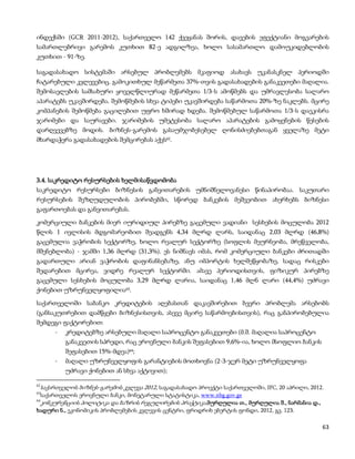 ინდექსში (GCR 2011-2012), საქართველო 142 ქვეყანას შორის, დავების ეფექტიანი მოგვარების
სამართლებრივი გარემოს კუთხით 82-ე ადგილზეა, ხოლო სასამართლო დამოუკიდებლობის
კუთხით - 91-ზე.

საგადასახადო სისტემაში არსებულ პრობლემებს მკაფიოდ ასახავს უკანასკნელ პერიოდში
ჩატარებული კვლევებიც. გამოკითხულ მეწარმეთა 37%-თვის გადასახადების განაკვეთები მაღალია.
შემოსავლების სამსახური ყოველწლიურად მეწარმეთა 1/3-ს ამოწმებს და უმრავლესობა სალარო
აპარატებს უკავშირდება. შემოწმების სხვა ტიპები უკავშირდება საწარმოთა 20%-ზე ნაკლებს. მცირე
კომპანების შემოწმება გაცილებით უფრო ხშირად ხდება. შემოწმებულ საწარმოთა 1/3-ს დაეკისრა
ჯარიმები და საურავები. ჯარიმების უმეტესობა სალარო აპარატების გამოყენების წესების
დარღვევებზე მოდის. ბიზნეს-გარემოს გასაუმჯობესებელ ღონისძიებებთაგან ყველაზე მეტი
მხარდაჭერა გადასახადების შემცირებას აქვს62.




3.4. საკრედიტო რესურსების ხელმისაწვდომობა
საკრედიტო რესურსები ბიზნესის განვითარების უმნიშნელოვანესი წინაპირობაა. საკუთარი
რესურსების შეზღუდულობის პირობებში, სწორედ ბანკების მეშვეობით ახერხებს ბიზნესი
გაფართოებას და განვითარებას.

კომერციული ბანკების მიერ იურიდიულ პირებზე გაცემული ვადიანი სესხების მოცულობა 2012
წლის 1 ივლისის მდგომარეობით შეადგენს 4,34 მლრდ ლარს, საიდანაც 2,03 მლრდ (46,8%)
გაცემულია ვაჭრობის სექტორზე, ხოლო რეალურ სექტორზე (სოფლის მეურნეობა, მრეწველობა,
მშენებლობა) - ჯამში 1,36 მლრდ (31,3%). ეს ნიშნავს იმას, რომ კომერციული ბანკები ძრითადში
გადართული არიან ვაჭრობის დაფინანსებაზე, ანუ იმპორტის ხელშეწყობაზე, სადაც რისკები
შედარებით მცირეა, ვიდრე რეალურ სექტორში. ამავე პერიოდისთვის, ფიზიკურ პირებზე
გაცემული სესხების მოცულობა 3,29 მლრდ ლარია, საიდანაც 1,46 მლნ ლარი (44,4%) უძრავი
ქონებით უზრუნველყოფილია63.

საქართველოში საბანკო კრედიტების აღებასთან დაკავშირებით ბევრი პრობლემა არსებობს
(განსაკუთრებით დამწყები ბიზნესისთვის, ასევე მცირე საწარმოებისთვის), რაც განპირობებულია
შემდეგი ფაქტორებით:
         -   კრედიტებზე არსებული მაღალი საპროცენტო განაკვეთები (მ.შ. მაღალია საპროცენტო
             განაკვეთის სპრედი, რაც ეროვნული ბანკის შეფასებით 9,6%-ია, ხოლო მსოფლიო ბანკის
             შეფასებით 15%-მდეა)64;
         -   მაღალი უზრუნველყოფის გარანტიების მოთხოვნა (2-3-ჯერ მეტი უზრუნველყოფა
             უძრავი ქონებით ან სხვა აქტივით);

62
     საქართველოს ბიზნეს-გარემოს კვლევა 2012, საგადასახადო პროექტი საქართველოში, IFC, 20 აპრილი, 2012.
63
 საქართველოს ეროვნული ბანკი, მონეტარული სტატისტიკა, www.nbg.gov.ge
64
 კონკურენციის პოლიტიკა და ბაზრის რეგულირების პრაქტიკა,მურღულია თ., მურღულია შ., ნარმანია დ.,
ხადური ნ., ეკონომიკის პრობლემების კვლევის ცენტრი, ფრიდრიხ ებერტის ფონდი, 2012, გვ. 123.

                                                                                                    63
 
