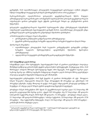 გვიჩვენებს, რომ თვითმმართველი ერთეულების ბიუჯეტებიდან დახარჯული თანხის უმეტესი
ნაწილი სახელმწიფო ბიუჯეტიდან გრანტის (ტრანსფერების) სახით არის გაცემული.77

მაკროეკონომიკური      თვალსაზრისით    ფისკალური     დეცენტრალიზაციის      სწორი     მოდელი
უზრუნველყოფს მაკროეკონომიკური პარამეტრების სტაბილურობას ვინაიდან დეცენტრალიზაციის
ოპტიმალური დონით გამოყენება ხელს უწყობს ეკონომიკურ ზრდას და უმუშევრობის დონის
შემცირებას.

ფისკალური დეცენტრალიზაციის რეფორმამ საქართველოში უნდა უზრუნველყოს რესურსების
ოპტიმალური გადანაწილება ხელისუფლების დონეებს შორის. თვითმმართველ ერთეულებს უნდა
გააჩნდეს რეალური დამოუკიდებლობა გამყარებული შესაბამისი ფინანსებით.

ამ მიმართულებით პირველი რიგის ამოცანებია:
     •   ტრანსფერების განაწილების გამჭვირვალობის უზრუნველყოფა;
     •   ქვეყანაში განხორციელებულ ხარჯებში ადგილობრივი ხარჯების ხვედრითი წილის ზრდა.

მეორე რიგის ამოცანებია:
     •   თვითმმართველი ერთეულების მიერ საკუთარი კომპეტენციების ფარგლებში გასაწევი
         ხარჯების   საკუთარი     შემოსულობებით    დაფინანსების     შესაბამისი     წყაროებით
         უზრუნველყოფა;
     •   ადგილობრივი ბიუჯეტების ტრანსფერებზე დამოკიდებულების შემცირება.


4.3.7. სახელმწიფო ვალის მართვა
სახელმწიფო ვალი, მისი სტრუქტურა, ხელისუფლების მიერ ამ კუთხით გატარებული პოლიტიკა
მნიშვნელოვანწილად განაპირობებს ქვეყნის განვითარების პერსპექტივებს. მიუხედავად იმისა, რომ
მმართველი პარტიის მხრიდან პერიოდულად ხდება იმის მტკიცება, რომ ქვეყნის საგარეო ვალი
საკმაოდ მცირეა და ამმხრივ საგანგაშო ნამდვილად არაფერია ვალის მართვის მხრივ გატარებული
პოლიტიკა დადებით შეფასებას ნამდვილად ვერ იმსახურებს.

ხელისუფლების განცხადებები, რომ ჩვენ ქვეყანას ამ კუთხით პრობლემები არ აქვს მსოფლიო
ბანკის ზოგიერთ ინდიკატორს (მთლიანი შიდა პროდუქტის 60 პროცენტი და ექსპორტის 110
პროცენტი) ემყარება, თუმცა მხოლოდ ის ფაქტი, რომ ყველა ინდიკატორს კრიტიკულ დონემდე არ
მიუღწევია არ იძლევა ვალის ზრდის ტემპის დადებითად შეფასების საფუძველს.

ეროვნული ბანკის მონაცემებით 2011 წლის 31 დეკემბრისათვის საგარეო ვალი 11.2 მილიარდ აშშ
დოლარს გაუტოლდა(18.6 მლრდ ლარი). აქედან 32.9 პროცენტი ანუ 3.7 მილიარდი აშშ დოლარი
სამთავრობო სექტორზე მოდის. 815.0 მლნ აშშ დოლარი, 7.3 პროცენტი - ეროვნული ბანკის ვალია,
2.1 მილიარდი აშშ დოლარი(19.0პროცენტი)- საბანკო სექტორის, 2.0 მილიარდი აშშ დოლარი (17.8
პროცენტი) - სხვა სექტორებზე ნაწილდება, ხოლო 2.6 მილიარდი აშშ დოლარი (23.0 პროცენტი) -
კომპანიებს შორის არსებული ვალია.

77
 ”ფისკალური დეცენტრალიზაცია საქართველოში” - საქართველოს სტრატეგიული კვლევებისა და
განვითარების ცენტრის №119 ბიულეტენი, 2011 წლის მაისი.

                                                                                         94
 