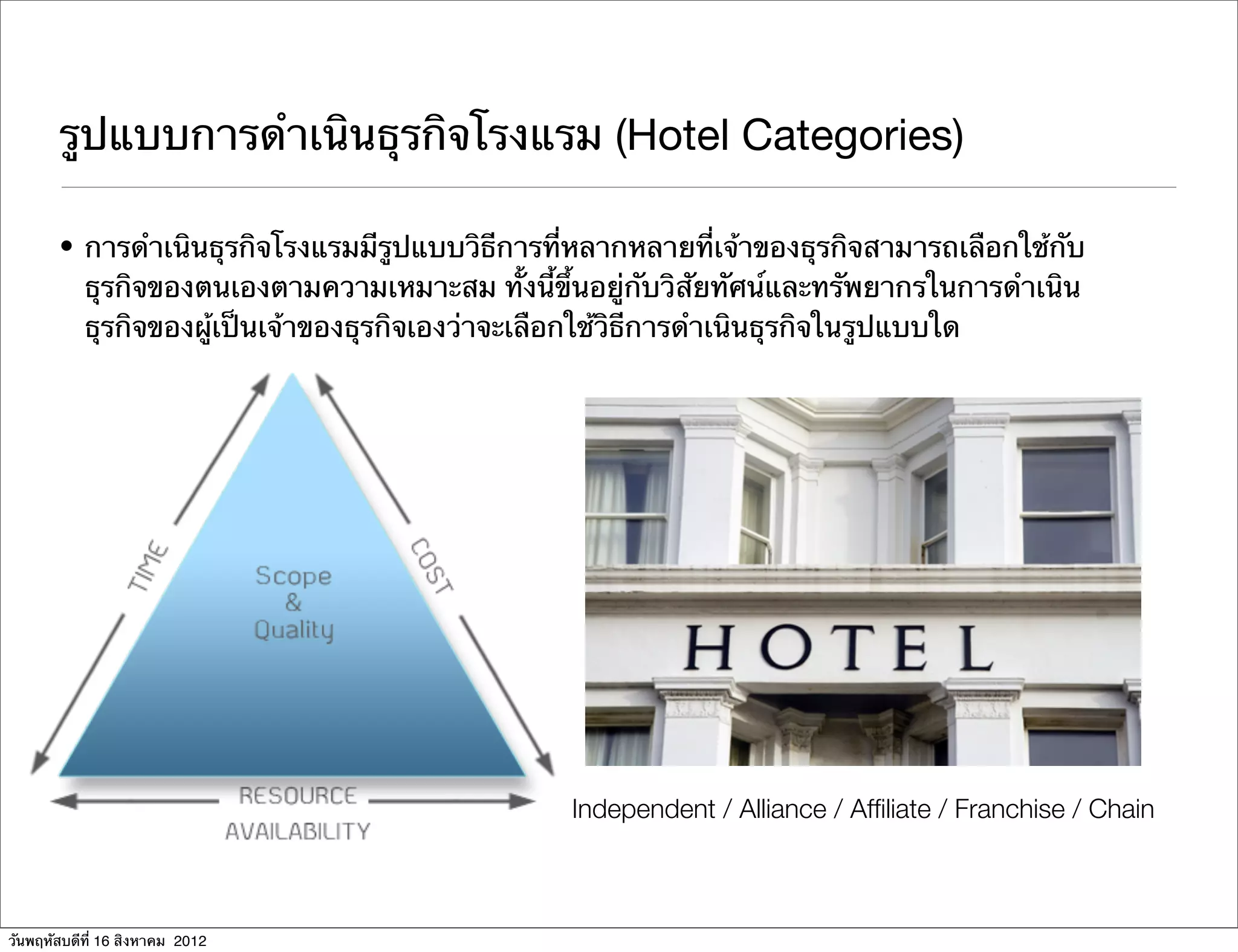 รูปแบบการดําเนินธุรกิจโรงแรม (Hotel Categories)

       • การดําเนินธุรกิจโรงแรมมีรูปแบบวิธีการที่หลากหลายที่เจ้าของธุรกิจสามารถเลือกใช้กับ
         ธุรกิจของตนเองตามความเหมาะสม ทั้งนี้ขึ้นอยู่กับวิสัยทัศน์และทรัพยากรในการดําเนิน
         ธุรกิจของผู้เป็นเจ้าของธุรกิจเองว่าจะเลือกใช้วิธีการดําเนินธุรกิจในรูปแบบใด




                                                Independent / Alliance / Afﬁliate / Franchise / Chain



วันพฤหัสบดีที่ 16 สิงหาคม 2012
 