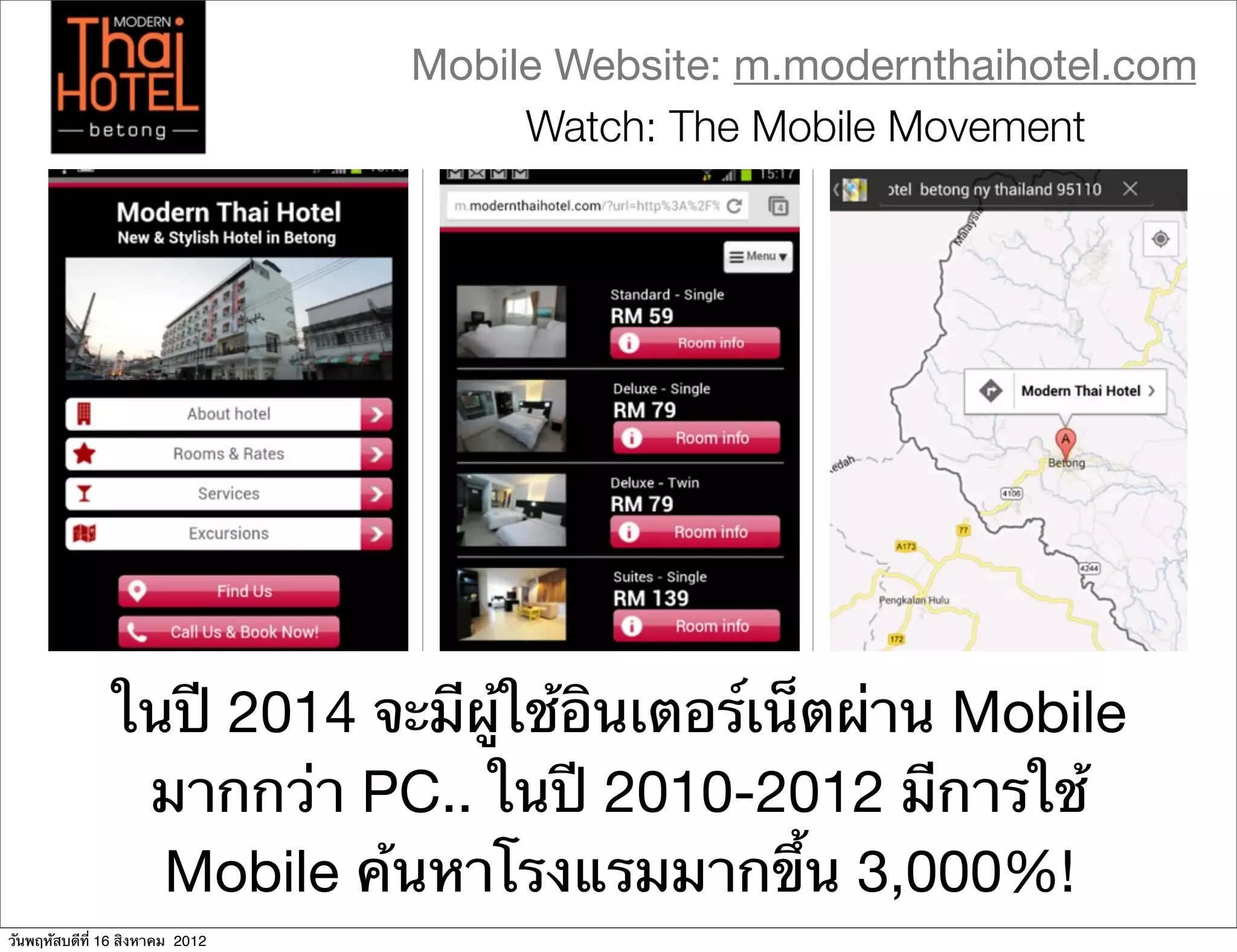 Mobile Website: m.modernthaihotel.com
                                      Watch: The Mobile Movement




               ในปี 2014 จะมีผู้ใช้อินเตอร์เน็ตผ่าน Mobile
                มากกว่า PC.. ในปี 2010-2012 มีการใช้
                 Mobile ค้นหาโรงแรมมากขึ้น 3,000%!
วันพฤหัสบดีที่ 16 สิงหาคม 2012
 