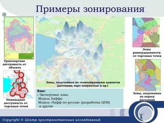 Примеры зонирования

Зоны
равноудаленности
от торговых точек
Транспортная
доступность от
объекта

Зоны, полученные по геокодированию клиентов
(доставки, карт покупателя и пр.)

Пешеходная
доступность от
торговых точек

Еще:
- Экспертные зоны
Модель Хаффа
Модель «Хафф по-русски» (разработка ЦПИ)
и другие

Зоны, полученные
по опросу
населения

 