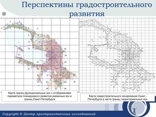 Перспективы градостроительного
развития

Карта границ функциональных зон с отображением
параметров планируемого развития указанных зон и
границ Санкт-Петербурга

Карта градостроительного зонирования СанктПетербурга в части границ территориальных зон

 