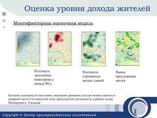 Оценка уровня дохода жителей
Многофакторная оценочная модель

Плотность
заселенных
новостроек с
начала 90-х

Плотность
строящихся
жилых зданий

Большие скученности населения с высокими уровнями доходов можно оценить в
северной части 5-ти минутной зоны транспортной доступности, в районе метро
Пионерская и Удельная

Рынок
предложения
жилья

 