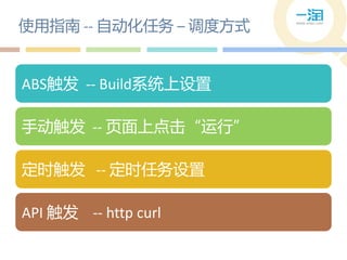 使用指南 -- 自动化仸务 – 调度方式


ABS触发 -- Build系统上设置

手动触发 -- 页面上点击“运行”

定时触发 -- 定时仸务设置

API 触发 -- http curl
 