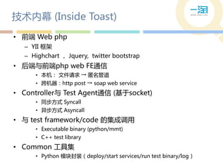 技术内幕 (Inside Toast)
• 前端 Web php
  – YII 框架
  – Highchart ， Jquery, twitter bootstrap
• 后端不前端php web FE通信
     • 本机： 文件请求 → 匿名管道
     • 跨机器：http post → soap web service
• Controller不 Test Agent通信 (基于socket)
     • 同步方式 Syncall
     • 异步方式 Asyncall
• 不 test framework/code 的集成调用
     • Executable binary (python/mmt)
     • C++ test library
• Common 工具集
     • Python 模块封装（deploy/start services/run test binary/log）
 
