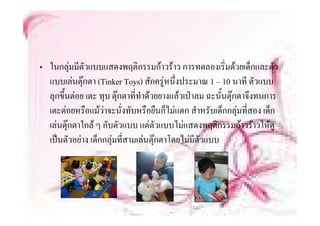 • ในกลุมมีตัวแบบแสดงพฤติกรรมกาวราว การทดลองเริ่มดวยเด็็กและตัว
         
  แบบเลนตุกตา (Tinker Toys) สักครูหนึ่งประมาณ 1 – 10 นาที ตัวแบบ
  ลุกขึ้นตอย เตะ ทุบ ตุกตาที่ทําดวยยางแลวเปาลม ฉะนั้นตุกตาจึงทนการ
  เตะตอยหรอแมวาจะนงทบหรอยนกไมแตก สําหรับเด็กกล ทสอง เด็ก
  เตะตอยหรือแมวาจะนั่งทับหรือยืนก็ไมแตก สาหรบเดกกลุมที่สอง เดก
  เลนตุกตาใกล ๆ กับตัวแบบ แตตัวแบบไมแสดงพฤติกรรมกาวราวใหดู
  เปนตวอยาง เด็กกล ทสามเลนตุ ตาโดยไมมตวแบบ
  เปนตัวอยาง เดกกลุมที่สามเลนตกตาโดยไมมีตัวแบบ
 