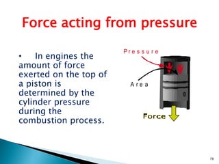 Force acting from pressure
                        Pr e s s u r e
•    In engines the
amount of force
exerted on the top of
a piston is               A re a
determined by the
cylinder pressure
during the
combustion process.



                                         78
 