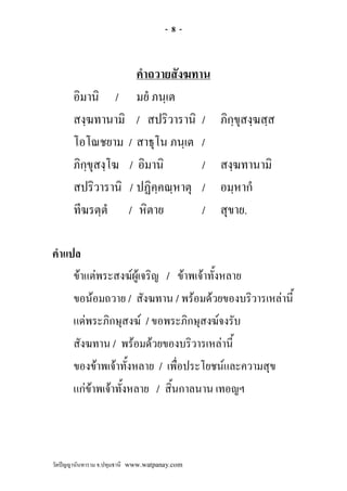 -8-


                     คําถวายสังฆทาน
       อิมานิ / มยํ ภนฺเต
       สงฺฆทานามิ / สปริวารานิ /               ภิกขุสงฺฆสฺส
                                                  ฺ
       โอโณชยาม / สาธุโน ภนฺเต /
       ภิกฺขุสงฺโฆ / อิมานิ       /            สงฺฆทานามิ
       สปริวารานิ / ปฏิคฺคณฺหาตุ /             อมฺหากํ
       ทีฆรตฺตํ / หิตาย           /            สุขาย.

คําแปล
     ขาแตพระสงฆผูเจริญ / ขาพเจาทั้งหลาย
     ขอนอมถวาย / สังฆทาน / พรอมดวยของบริวารเหลานี้
     แดพระภิกษุสงฆ / ขอพระภิกษุสงฆจงรับ
     สังฆทาน / พรอมดวยของบริวารเหลานี้
     ของขาพเจาทั้งหลาย / เพื่อประโยชนและความสุข
     แกขาพเจาทั้งหลาย / สิ้นกาลนาน เทอญฯ



วัดปญญานันทาราม จ.ปทุมธานี www.watpanay.com
 