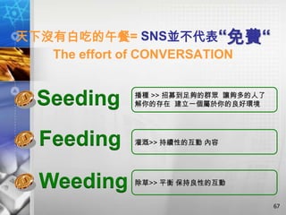 天下沒有白吃的午餐= SNS並不代表“免費“
   The effort of CONVERSATION


  Seeding    播種 >> 招募到足夠的群眾 讓夠多的人了
             解你的存在 建立一個屬於你的良好環境




  Feeding    灌溉>> 持續性的互動 內容




  Weeding    除草>> 平衡 保持良性的互動


                                     67
 