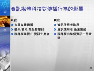 資訊媒體科技對傳播行為的影響
以往              現在
 大眾媒體傳播          資訊使用者取用
 聽眾/觀眾 是受影響的     資訊使用者 是主動的
 詮釋權掌握在 資訊生產者    詮釋權由整個資訊生態塑
                 造




                           72
 