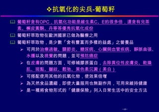 抗氧化的尖兵-葡萄籽
 葡萄籽含有OPC，抗氧化功能是維生素C、E的很多倍，還含有兒茶
  素、檞皮黃酮、丹寧等優秀抗氧化成份
 葡萄籽萃取物在歐洲國家已做為醫療之用
 葡萄籽萃取物，是少數「含有豐富而多樣的益處」之營養品
   可用於治療過敏、關節炎、糖尿病、心臟與血管疾病、靜脈曲張、
    水腫以及視覺的問題，並可預防癌症
   在皮膚的問題方面，可修補膠原蛋白，去除異位性皮膚炎、乾燥
    肌、斑點、皺紋、鬆弛、黑色素沉澱（美白）
   可搭配使用其他的抗氧化物，使效果倍增
   為天然食品濃縮，即使大量服用也無副作用，可用來維持健康
   是一種將食物形式的「健康保險」列入日常生活中的安全方法



                          -48-
 