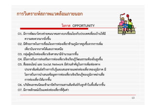 การวิเคราะห์สภาพแวดล้อมภายนอก
                                    โอกาส OPPORTUNITY
O1. มีการพัฒนาโครงข่ายคมนาคมทางบกเชือมโยงกับประเทศเพือนบ้านให้มี
                                             ่                ่
     ความสะดวกมากยิ่งขึ้น
O2. มีศักยภาพในการเชือมโยงการท่องเที่ยวข้ามภูมภาคสูงขึ้นจากการเพิ่ม
                        ่                         ิ
     เที่ยวบินจากภาคใต้และภาคเหนือ
O3. กลุ่มผูสนใจท่องเที่ยวเชิงศาสนามีจํานวนมากขึ้น
           ้
O4. มีโอกาสในการส่งเสริมการท่องเที่ยวเชิงเรียนรู้วัฒนธรรมท้องถิ่นสูงขึ้น
O5. สือออนไลน์ และ Social Network มีส่วนสําคัญในการเพิ่มช่องทาง
      ่
     ประชาสัมพันธ์สร้างการรับรู้และเสนอขายแหล่งท่องเที่ยวของภูมิภาค มี
     โอกาสในการนําเสนอข้อมูลการท่องเที่ยวเชิงเรียนรู้ของภูมภาคผ่านสือ
                                                            ิ           ่
     การท่องเที่ยวได้มากขึ้น
O6. บริษัทเอกชนนิยมเข้ามาจัดกิจกรรมสานสัมพันธ์กับลูกค้าในพื้นที่มากขึ้น
O7. มีภาพลักษณ์เป็นแหล่งท่องเที่ยวที่คุ้มค่า
                                                                            13
 