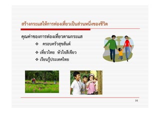สร้างกระแสให้การท่องเทียวเป็นส่วนหนึ่งของชีวิต
                       ่
คุณค่าของการท่องเที่ยวตามกระแส
           ครอบครัวสุขสันต์
         เที่ยวไทย หัวใจสีเขียว
         เรียนรู้ประเทศไทย




                                                 16
 