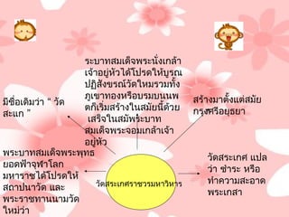 ระบำทสมเด็จพระนั่งเกล้ำ
                    เจ้ำอยู่หัวได้โปรดให้บูรณ
                    ปฏิสังขรณ์วัดใหมรวมทั้ง
                    ภูเขำทองหรือบรมบนนพ          สร้ำงมำตั้งแต่สมัย
มีชื่อเดิมว่ำ “ วัด
                    ตก็เริ่มสร้ำงในสมัยนี้ด้วย   กรุงศรีอยุธยำ
สะแก ”
                     เสร็จในสมัพระบำท
                    สมเด็จพระจอมเกล้ำเจ้ำ
                    อยู่หัว
พระบำทสมเด็จพระพุทธ                                 วัดสระเกศ แปล
ยอดฟ้ำจุฬำโลก                                       ว่ำ ชำำระ หรือ
มหำรำชได้โปรดให้
                        วัดสระเกศรำชวรมหำวิหำร      ทำำควำมสะอำด
สถำปนำวัด และ                                       พระเกสำ
พระรำชทำนนำมวัด
ใหม่ว่ำ
 
