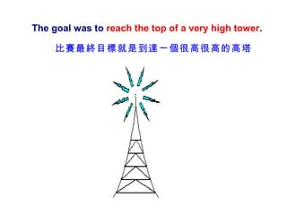 The goal was to reach the top of a very high tower.

     比賽最終目標就是到達一個很高很高的高塔
 