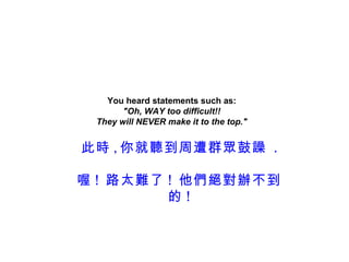 You heard statements such as:
       "Oh, WAY too difficult!!
 They will NEVER make it to the top."


此時 , 你就聽到周遭群眾鼓譟 .

喔 ! 路太難了 ! 他們絕對辦不到
         的!
 