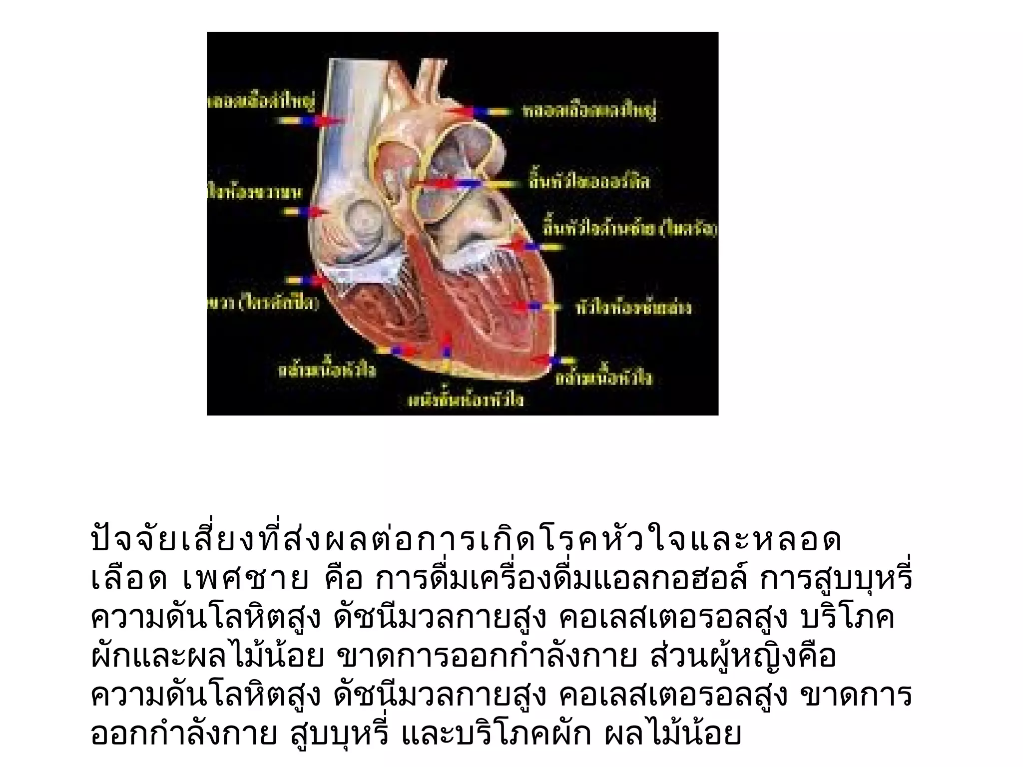 ปัจ จัย เสี่ย งที่ส ่ง ผลต่อ กำรเกิด โรคหัว ใจและหลอด
เลือ ด เพศชำย คือ กำรดื่มเครื่องดื่มแอลกอฮอล์ กำรสูบบุหรี่
ควำมดันโลหิตสูง ดัชนีมวลกำยสูง คอเลสเตอรอลสูง บริโภค
ผักและผลไม้น้อย ขำดกำรออกกำำลังกำย ส่วนผู้หญิงคือ
ควำมดันโลหิตสูง ดัชนีมวลกำยสูง คอเลสเตอรอลสูง ขำดกำร
ออกกำำลังกำย สูบบุหรี่ และบริโภคผัก ผลไม้น้อย
 