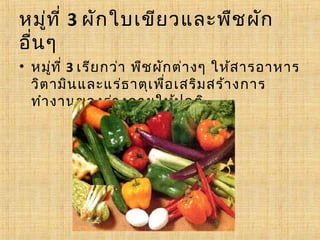 หมู่ท ี่ 3 ผัก ใบเขีย วและพืช ผัก
อื่น ๆ
• หมู่ท ี่ 3 เรีย กว่า พืช ผัก ต่า งๆ ให้ส ารอาหาร
  วิต ามิน และแร่ธ าตุเ พื่อ เสริม สร้า งการ
  ทำา งานของร่า งกายให้ป กติ
 