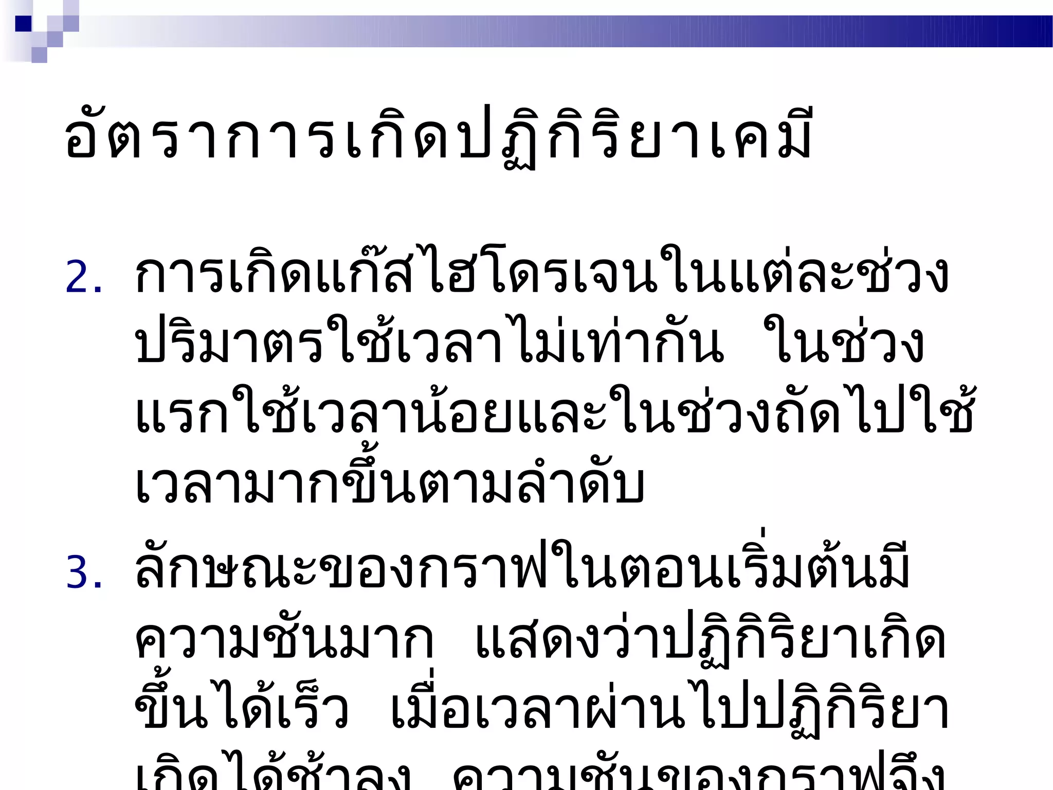 อัต ราการเกิด ปฏิก ิร ิย าเคมี

2.   การเกิดแก๊สไฮโดรเจนในแต่ละช่วง
     ปริมาตรใช้เวลาไม่เท่ากัน ในช่วง
     แรกใช้เวลาน้อยและในช่วงถัดไปใช้
     เวลามากขึ้นตามลำาดับ
3.   ลักษณะของกราฟในตอนเริ่มต้นมี
     ความชันมาก แสดงว่าปฏิกิริยาเกิด
     ขึ้นได้เร็ว เมือเวลาผ่านไปปฏิกิริยา
                    ่
 